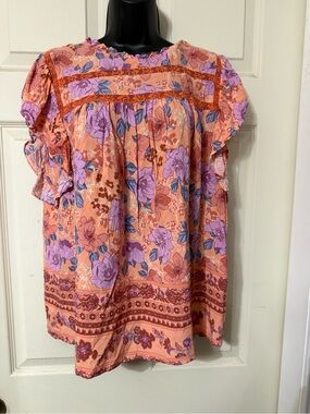 Peach Floral Puff-Sleeve Women's Blouse with Lavender Accents